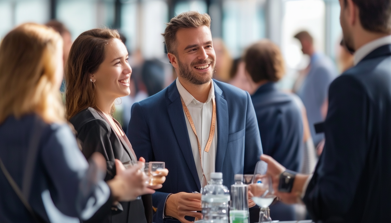 A bustling networking event with business professi